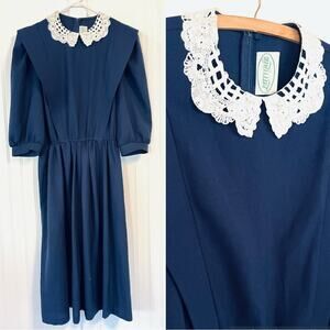 Vintage Navy Dress with White Lace Collar Puritan Amish Religious Cult Pilgrim